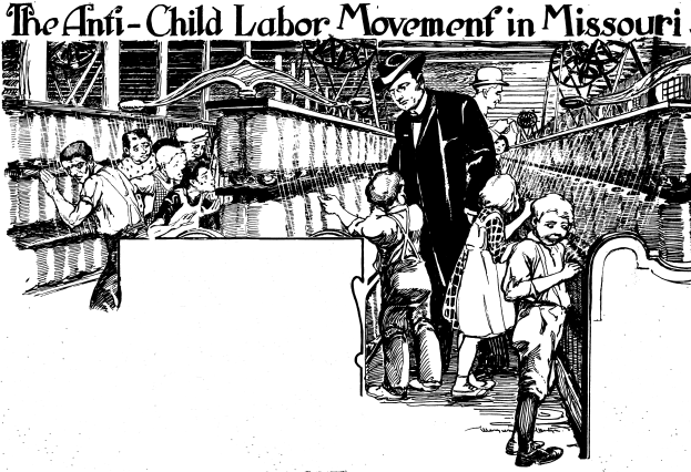 Plakat zeigt die Anti-Kinderarbeit-Bewegung in Missouri mit einer Gruppe Menschen in traditioneller Kleidung, einige stehend, einige sitzend, mit ausdrucksstarken Gesichtern, die Angst und Verzweiflung zeigen, mit der Aufschrift "Die Anti-Kinderarbeit-Bewegung in Missouri" oben und unten.