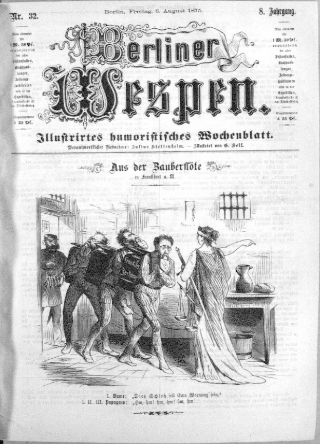 Altes schwarz-weisses Zeitungsblatt vom 'Berliner Wespen, 6. August 1875' mit einer Gruppe von Menschen in Not, einige schauen voller Furcht nach oben und andere voller Verwirrung nach unten.