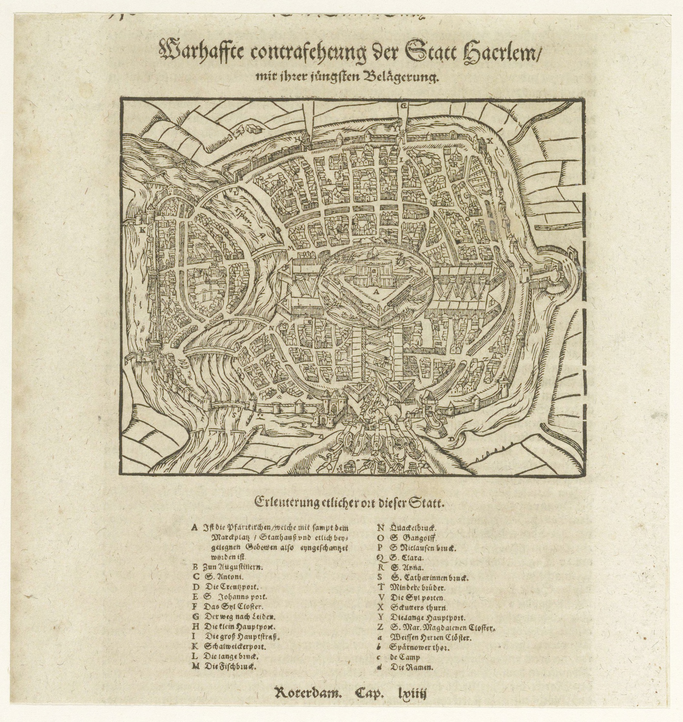 Ein altes Buch mit einer detaillierten Karte einer Stadt, das Straßen, Gebäude und Sehenswürdigkeiten zeigt, begleitet von beschreibendem Text.