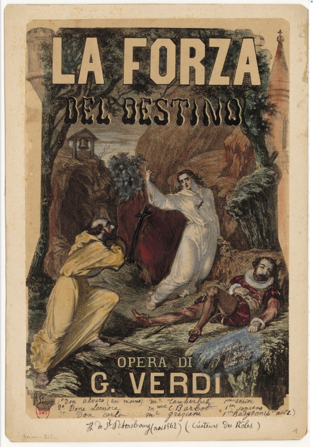 Plakat für die Oper "La Forza del Destino" von G. Verdi mit einem Gemälde mehrerer Personen und begleitendem Text.