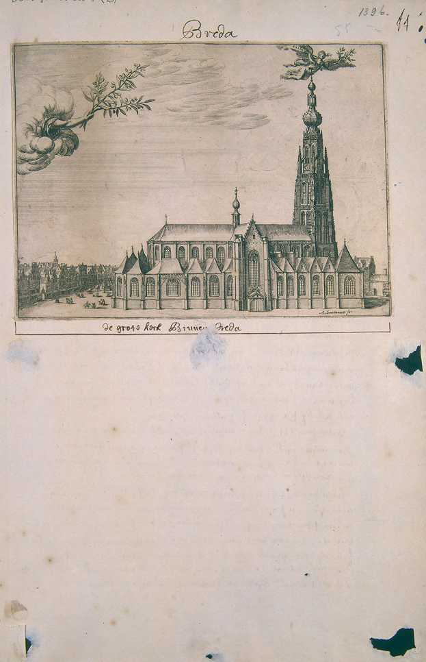 Ein altes Buch mit einer detaillierten Zeichnung einer Kirche mit hohem Turm und sichtbarem Text.