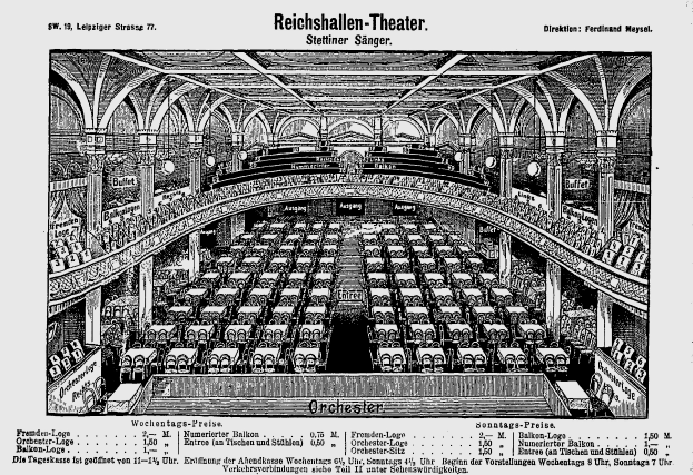 Eine Schwarz-Weiß-Zeichnung des Reichshallen Theaters in Berlin, Deutschland, die das Auditorium mit Sitzreihen, Säulen und einer Decke zeigt, mit Text am unteren Rand.