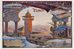 Vintage-Reiseplakat von Tunesien mit einer Stadtkarte, einem Turm im Hintergrund, Gebäuden, Bäumen, Wasser, einer Brücke und Text auf einem weißen Hintergrund.