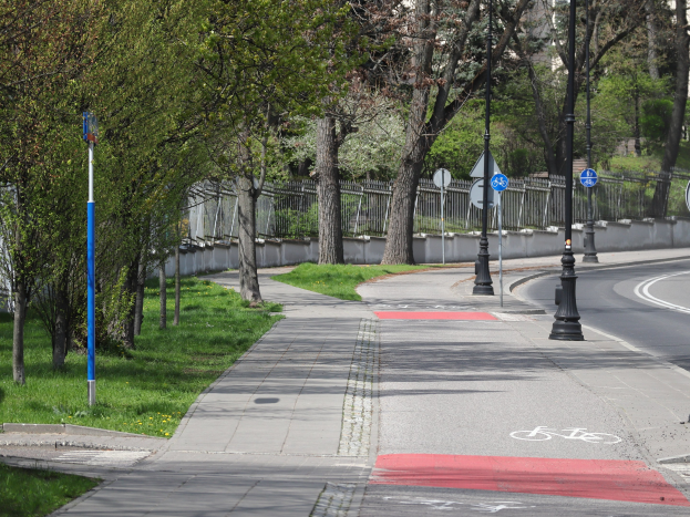 Stadtstraße mit einem ausgewiesenen Fahrradweg, gesäumt von Bäumen, Strommasten, Schildern, Gras, Pflanzen und einem Zaun, die zu Gebäuden unter einem klaren blauen Himmel führen.