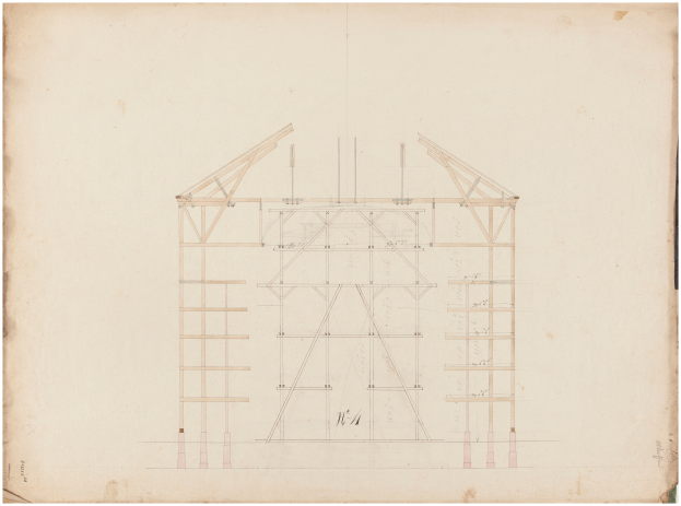 Ein detailliertes Papier mit einer Baustellenzeichnung, die wahrscheinlich für einen Holzrahmenbau ist.