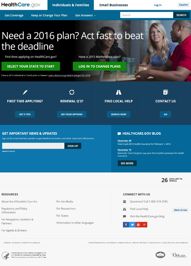 Webseite der Health Care Gov zeigt eine Gruppe von Menschen, die um einen Tisch sitzen und Gläser und andere Gegenstände auf dem Tisch haben, mit dem Titel und Informationen der Webseite.