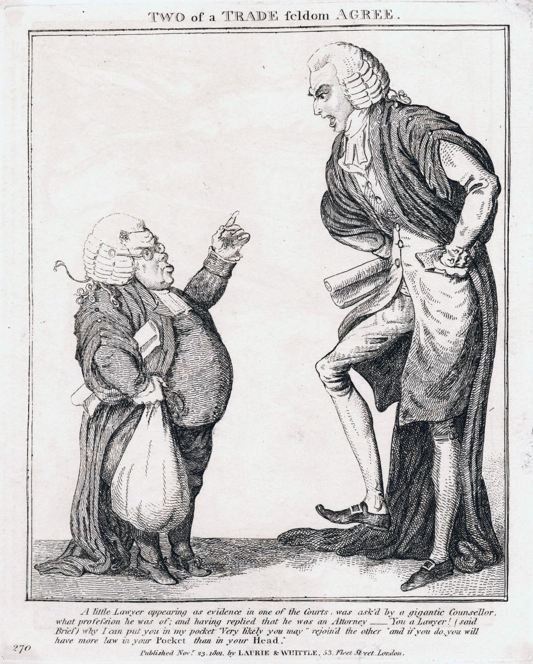 Schwarz-weiß-Zeichnung von zwei Personen, eine hält eine Tasche, mit Text "Zwei eines Gewerbes Feldom einigen sich"