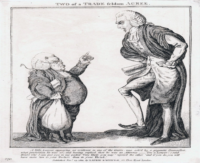 Schwarz-weiß-Zeichnung von zwei Personen, eine hält eine Tasche, mit Text "Zwei eines Gewerbes Feldom einigen sich"