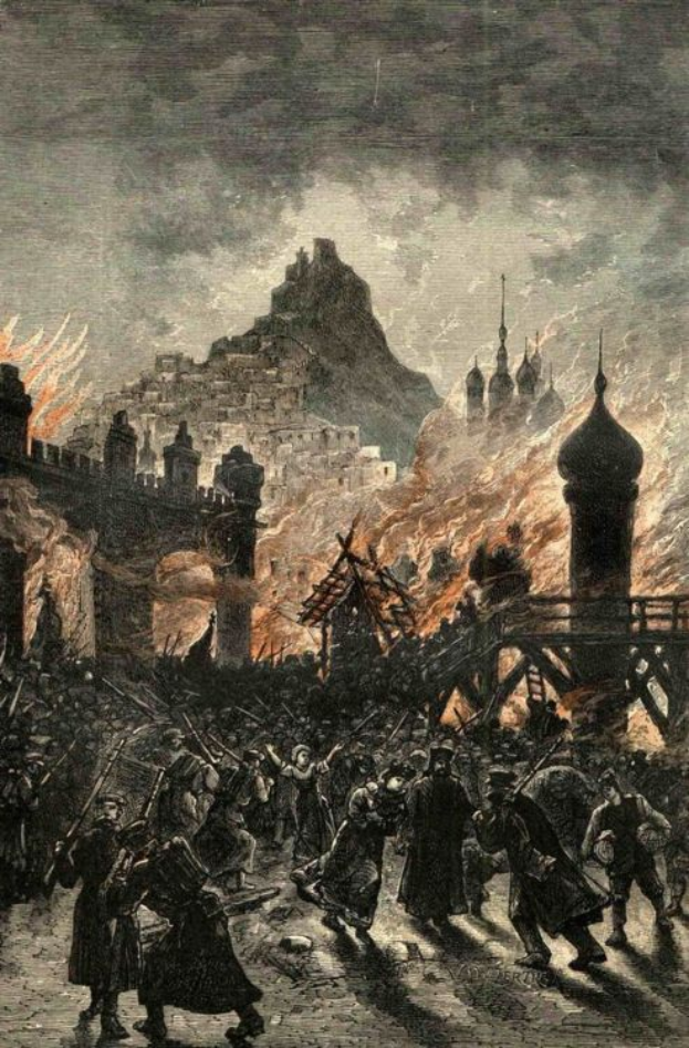 Eine Gruppe von Menschen, die vor einem großen Feuer auf der Straße gehen, mit Gebäuden, einem Hügel und Wolken im Hintergrund; Text unten lautet "Die Verbrennung der Kirche des Heiligen Grabes".