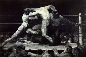 Zwei Boxer im Boxring tauschen Faustschläge aus, während eine jubelnde Menge zusieht.