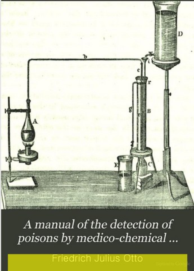 Ein Plakat mit der Aufschrift "Ein Handbuch zur Detektion von Giften durch Medizinalchemie" mit einem zentralen Bild eines mit Flüssigkeit gefüllten Kolben, umgeben von anderen Kolben und Reagenzgläsern.