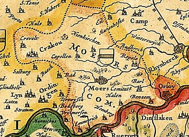 Ein detailliertes 16. Jahrhundert-Karte von Moers, das Straßen, Gebäude und Sehenswürdigkeiten mit Text und Nummern zeigt.