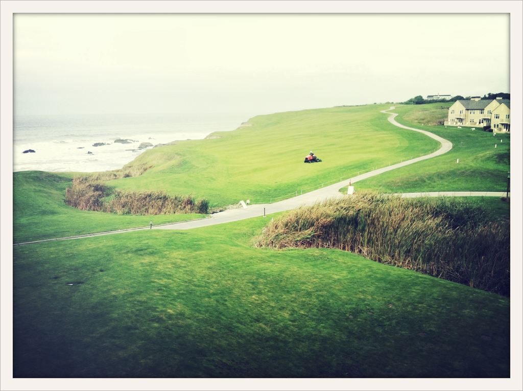 Eine Landschaften-Szene mit Unkraut und Feldern im Vordergrund, einem Traktor und einem Pfad in der Mitte, Häusern und Bäumen oben rechts, Wasser oben links und einem bewölkten Himmel.